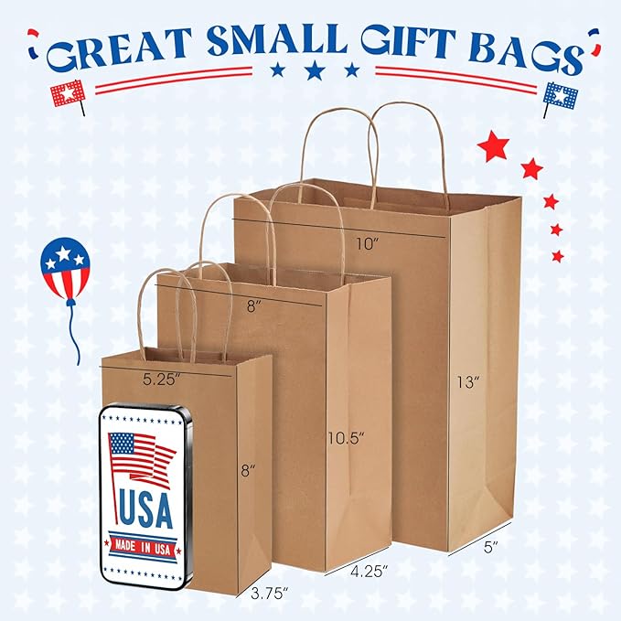 Gift Bags, Brown Kraft Paper, 5.25 x 3.75 x 8 Inch, Pack of 300