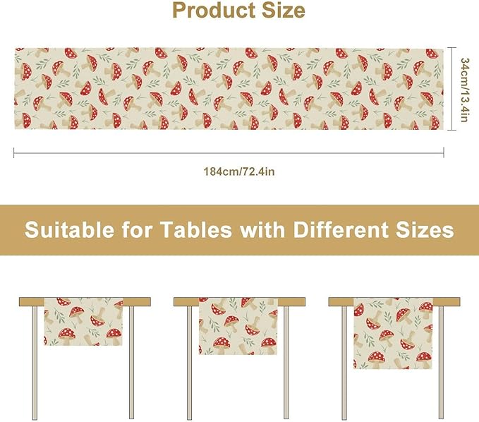 Mushroom Table Runner,Vintage Plant Print Table Runner for Kitchen Dining Table Home Party Decoration 13x72 Inch