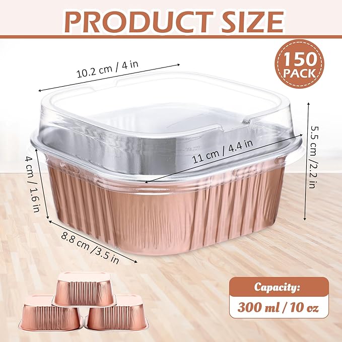 Baking Cups with Clear Lids, 150 Count, 10 oz Champagne Aluminum Foil