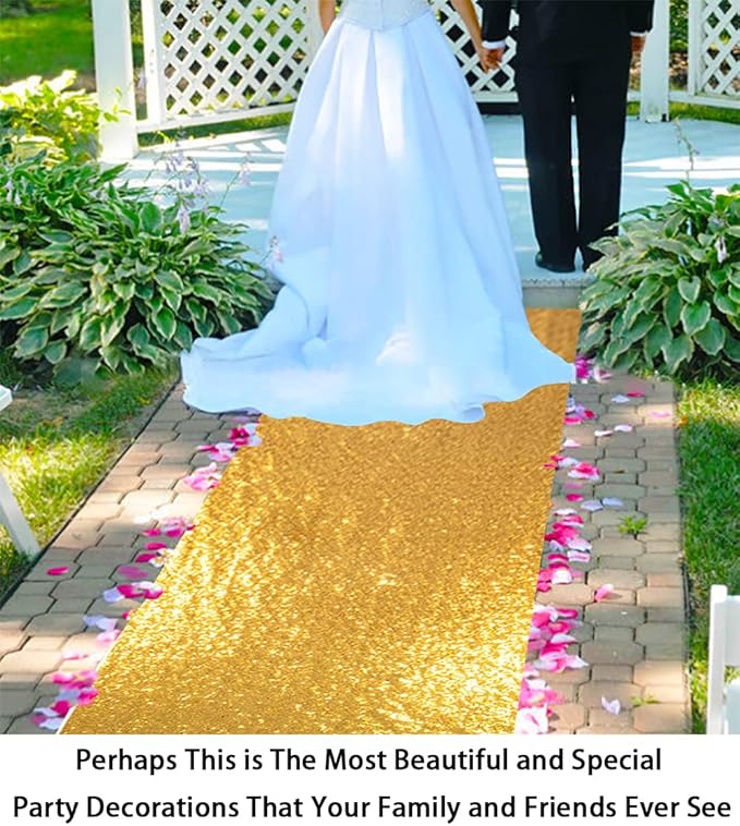 Aisle Runner, Gold Sequin, 4 x 30 Ft, Seamless Mesh, Indoor or Outdoor