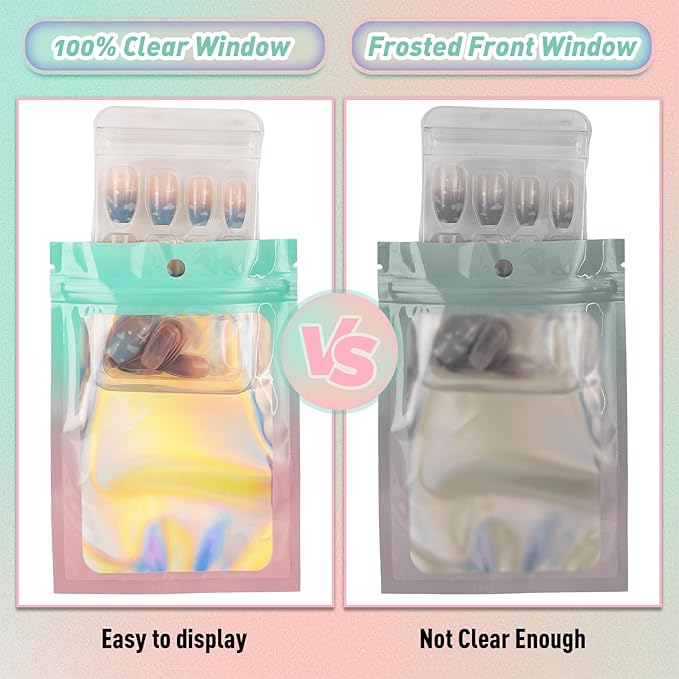 Funfery 100 Pack Gradient Holographic Bags,Mylar Resealable Bags with Zipper,Clear Window Packaging Pouchs,Smell Proof Bag for Food Storage,Sample Jewelry Bag(5.5x7.9In,Green Pink)