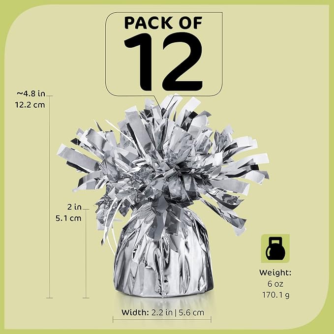 Balloon Weights, 12 Pack Silver Metallic Foil Round Holders