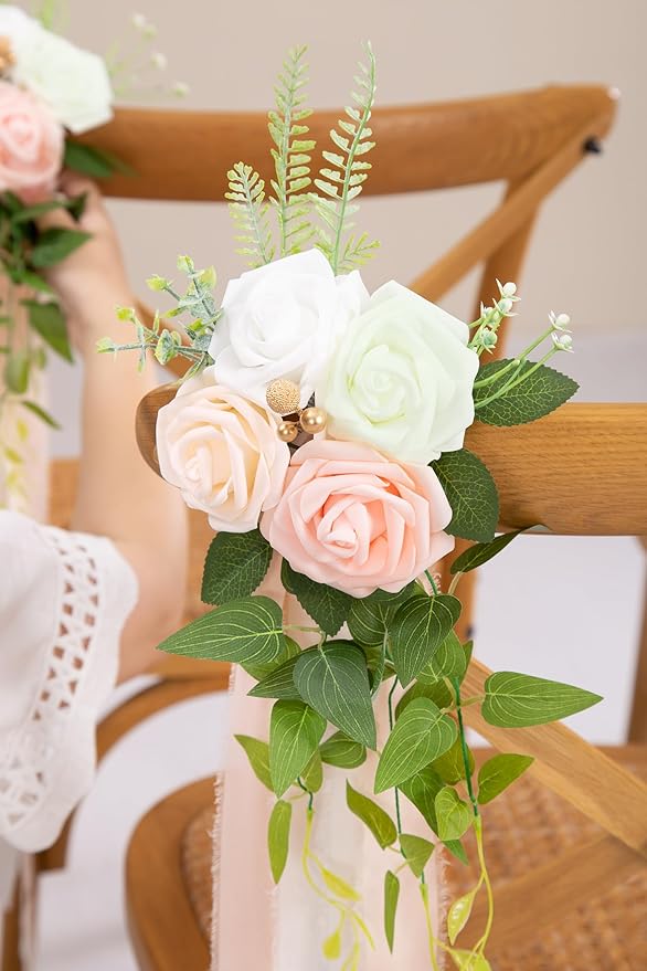 Artificial Flowers Pink Pew Bouquets, Set of 10 with Roses and Chiffon Ribbon