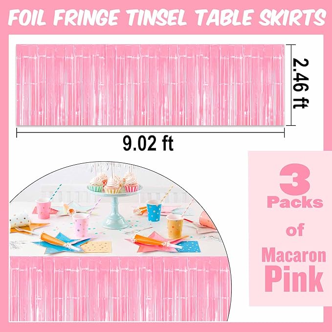 3 Pack 29 x108 Inch Macaron Pink Foil Fringe Table Skirts Metallic Banner for Tinsel Streamer Garland Backdrop for Parade Floats Mother's Day, Graduate, Birthday, Wedding Party Decoration