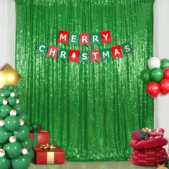 Sequin Backdrop Curtain in Green, 10 x 10 Ft with 3MM Round Sequins