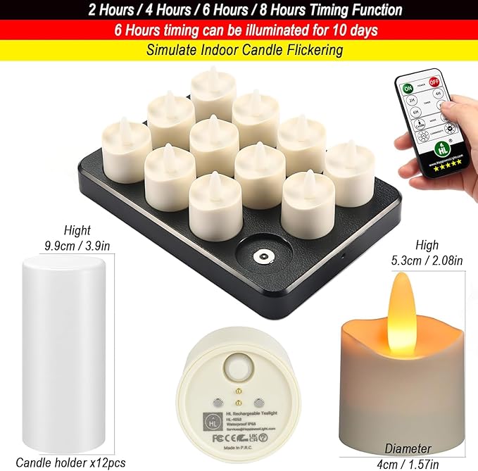HL Flameless Candles with Remote Timer, 100+Hours Rechargeable Waterproof Battery Operated Tea Lights with Charging Base, Yellow LED Votive Floating Candles for Festival Wedding Home Party Decor-12pc
