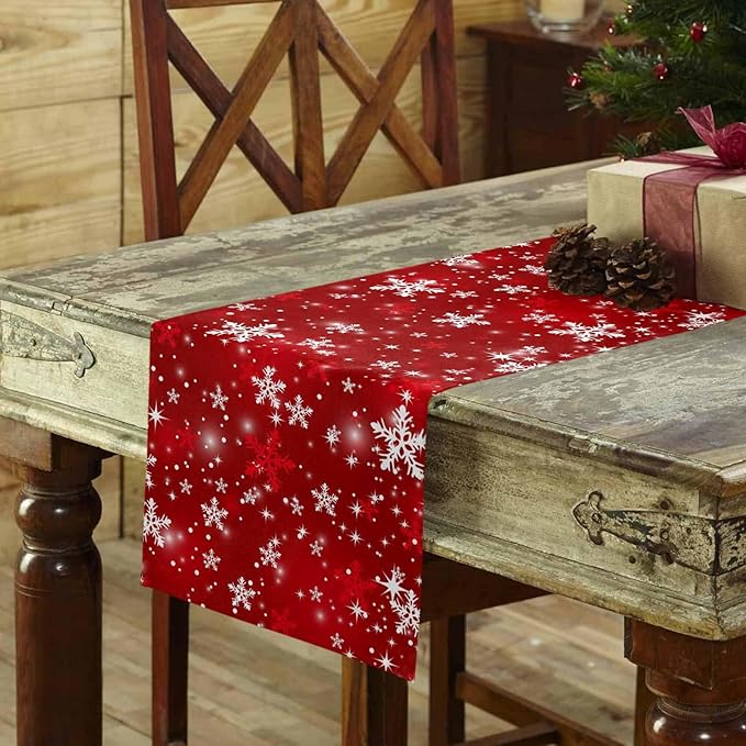 Christmas Snowflakes Cotton Linen Table Runner for Dining Kitchen, Red Xmas Winter Snow Wedding Outdoor Party Tablerunners Decoration, New Year Dresser Scarf Coffee Tablecloth Runners 13x90 Inches