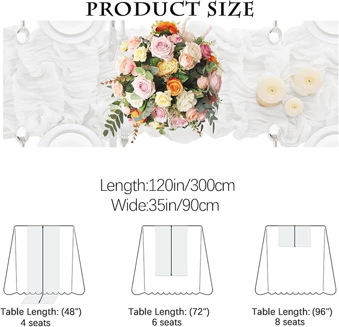 16PCS White Cheesecloth Table Runner 10FT 35x120Inch Boho Gauze Cloth Long Rustic Sheer for Wedding Party Baby Bridal Shower Decor