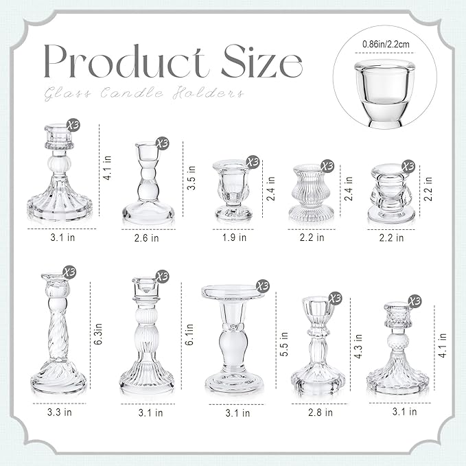 Mumufy 30 Pcs Glass Crystal Taper Candle Holders Clear Glass Candlestick Holder Fit 0.8 Inch Candles Crystal Decorative Candle Stand Centerpiece Table Wedding Dining Party (Classic,Clear)