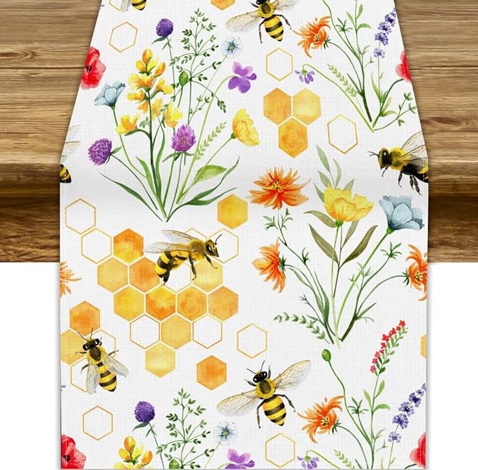 Summer Bee Table Runner, Seasonal Spring Wildflowers Bee Yellow Honeycombs Farmhouse Table Runner for Kitchen Dining Table Home Party Decor, 13x36inch