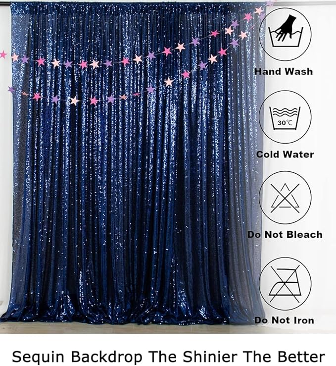 Photo Backdrop Curtain, Navy Blue Sequin, 10 x 10 Ft Shimmer with Rod Pocket