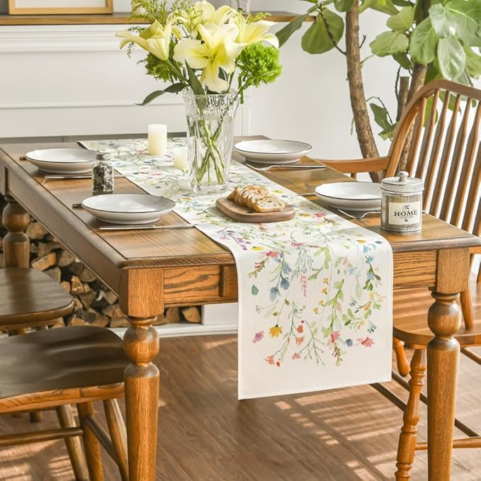 Artoid Mode Wildflowers Bloom Flowers Spring Table Runner, Seasonal Summer Floral Kitchen Dining Table Decoration for Home Party Decor 13x60 Inch