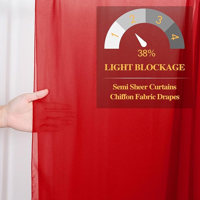 DUOBAO Red Chiffon Backdrop Curtain 5FTx8FT Polyester Curtains for Wedding Ceremony 96" Long Sheer Drapes 2 Pcs Girls' Bedroom Party Stage Decoration (58" W x 96" L)