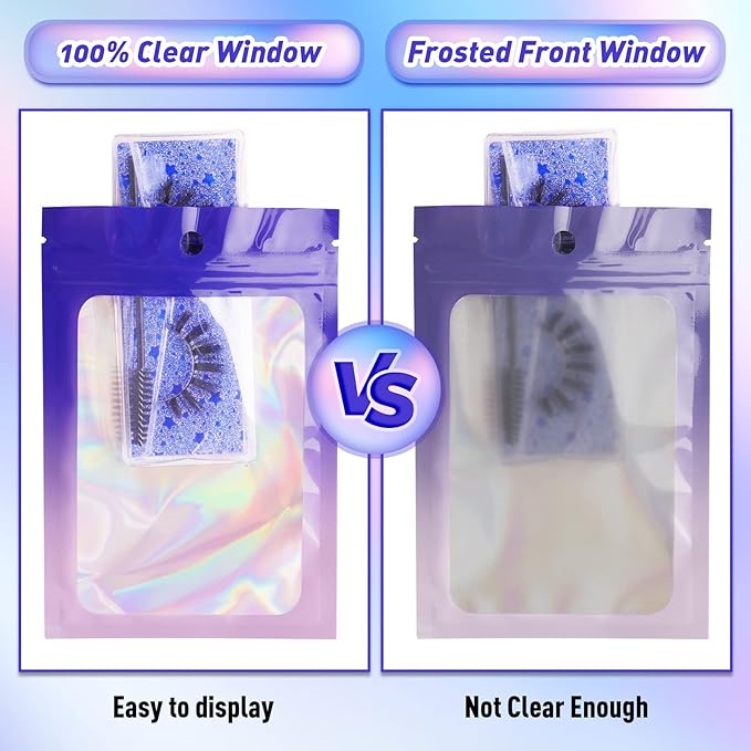 Funfery 100 Pack Gradient Holographic Bags,Mylar Resealable Bag with Zipper,Clear Window Packaging Pouchs, Smell Proof Foil Bag for Food Storage,Sample Jewelry Baggies(5.5x7.9In,Purple Pink)