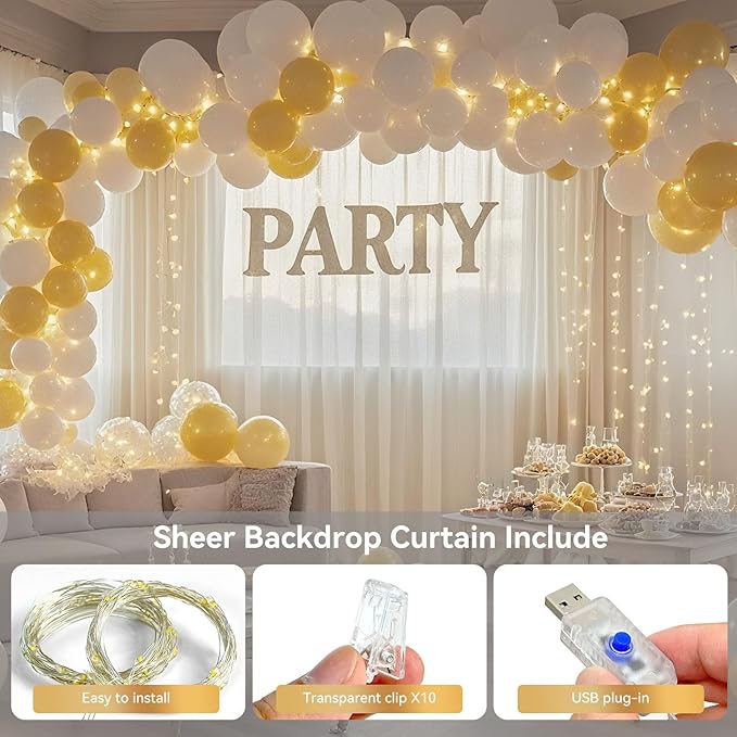 10×8ft Tulle Backdrop Curtains with Lights String - 300LED Fairy Lights Sheer Curtain Backdrop for Weddings Baby Shower and Birthday Party Decorations(4 Panels 5×8ft)