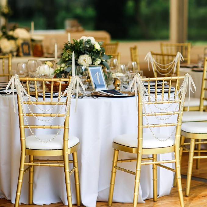 Garlands, Ivory Faux Pearl Chair Sashes with Satin Bows, 16 Pack