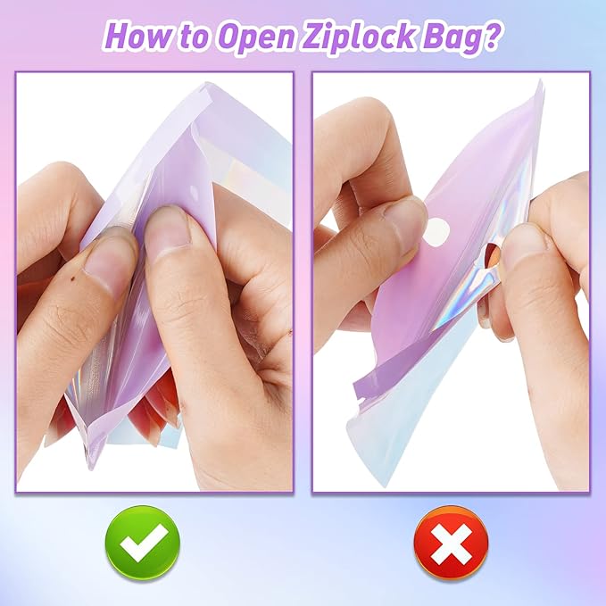 Funfery 100 Pack Mylar Holographic Bags,Clear Window Smell Proof Foil Bag Seal Pouch Resealable Bags with Zipper,Packaging Bag for Food Storage,Jewelry,Business Supplie(3.1×5.1in,Purple Blue)