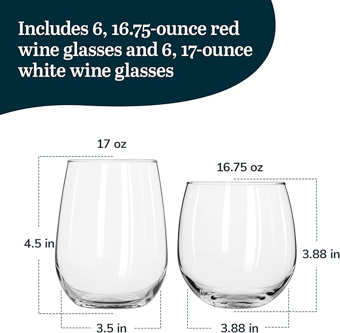 Wine Glass Set of 12, Stemless, 16.75 oz Red and 17 oz White