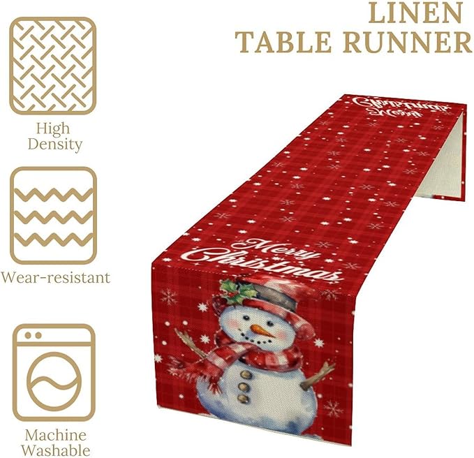 Christmas Table Runner,Christmas Snowman Snowflakes Winter Seasonal Table Cloth Kitchen Dining Table Decoration for Home Party Decor 13x36 Inch