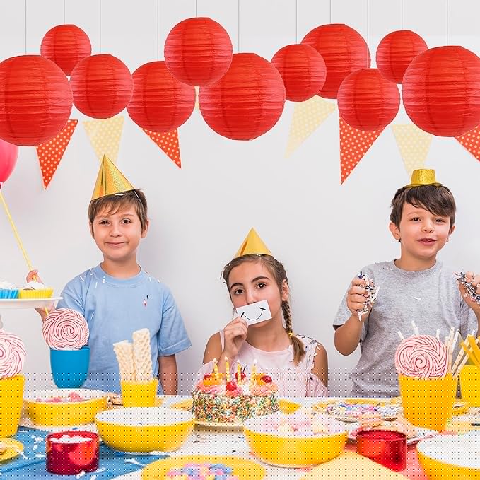 12Pcs Round Paper Lanterns Assorted Sizes (6" 8" 10" 12") for Home Decor, Restaurant, Church, Wedding, Birthday Party Decorations, Hanging Chinese Japanese Paper Lantern Lamps (Red)