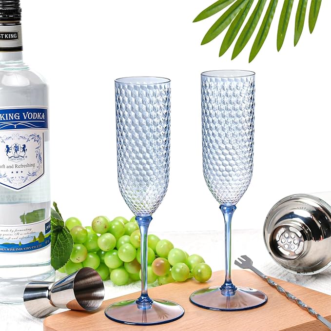Champagne Glasses 24 Pack Dusty Blue Plastic Flutes, 5.5 oz