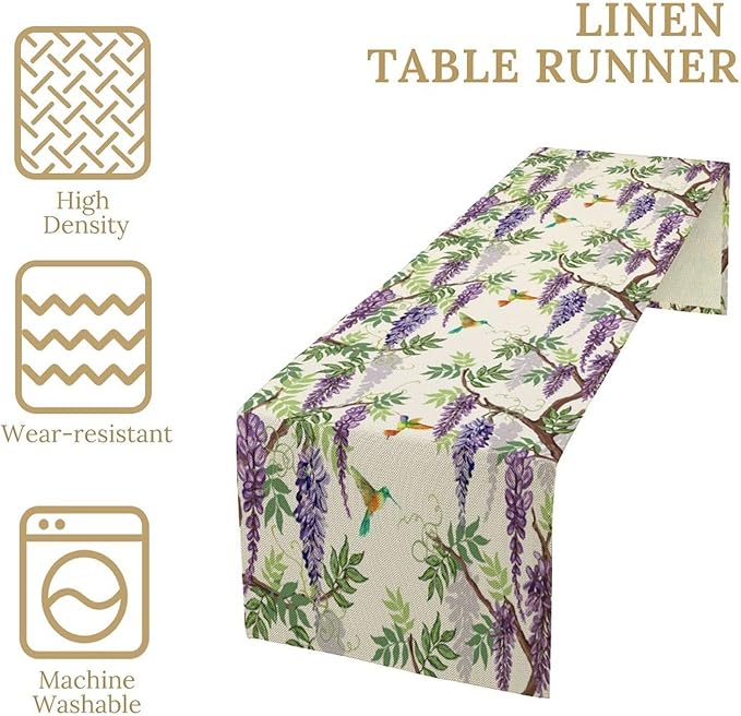 Vintage Bird Flower Table Runner Seasonal Spring Purple Wisteria Garden Plants Lavender Florals Farmhouse Country Kitchen Dinner Runner Dining Table Decoration for Home Party Holiday 13"x90"