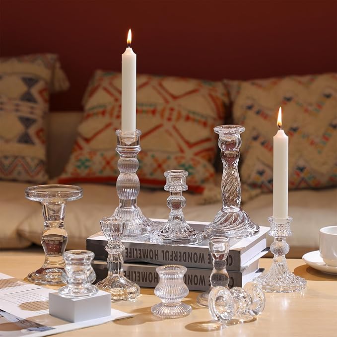 Mumufy 30 Pcs Glass Crystal Taper Candle Holders Clear Glass Candlestick Holder Fit 0.8 Inch Candles Crystal Decorative Candle Stand Centerpiece Table Wedding Dining Party (Classic,Clear)