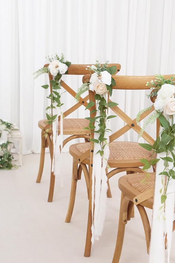 Artificial Pew Flowers, Set of 10, White Roses with Ivory Chiffon Ribbons
