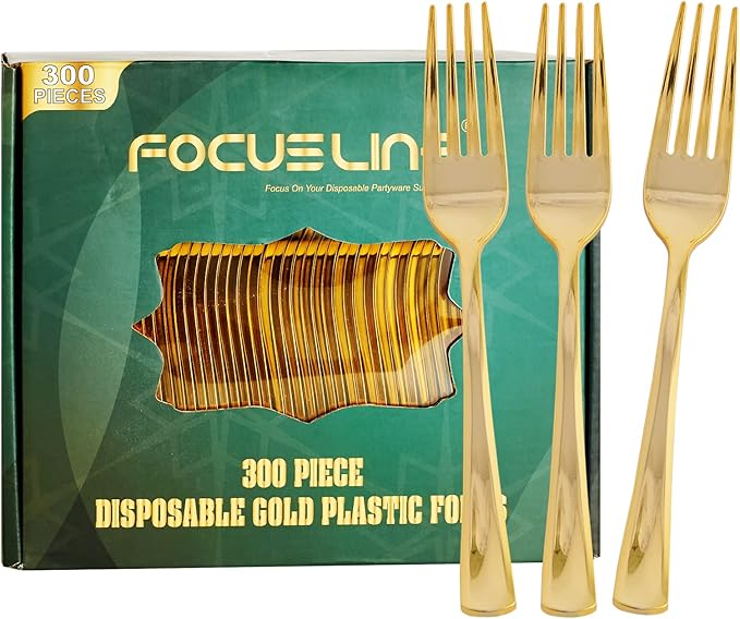 Disposable Plastic Forks, 300 Count Gold Heavy-Duty, 7.4 Inch