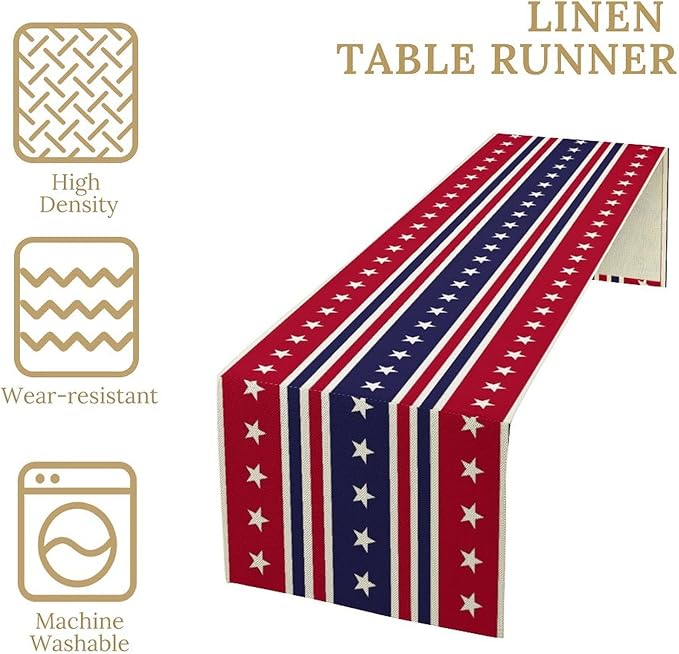 4th of July Table Runner, USA Flag Stars Stripes American Independence Day Red Blue White Stars Lines Print Table Cover for Farmhouse Kitchen Indoor Outdoor Home Party, 13x70inch