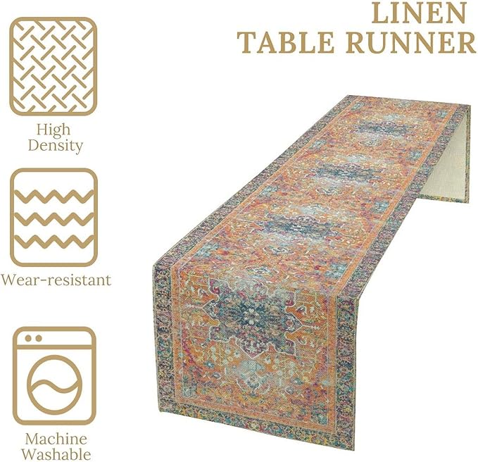 Boho Floral Vintage Table Runner, Orange Retro Flower Rustic Country Farmhouse Abstract Pattern for Home Kitchen Table Decor Dining Coffee Room Party Decor 13x108in