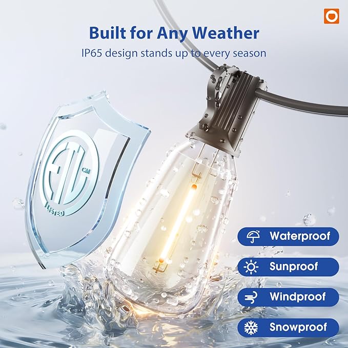 String Lights, 200 FT Warm Yellow LED, 64 Shatterproof Bulbs, IP65 Waterproof