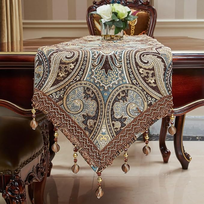Luxury Vintage Design Table Runner 48 inches Long Embroidery Jacquard Fabric with Multi-Tassels Table Runners for Dining Room Dresser Wedding Holiday Party Fireplace Decorations (Coffee, 12X48inch)
