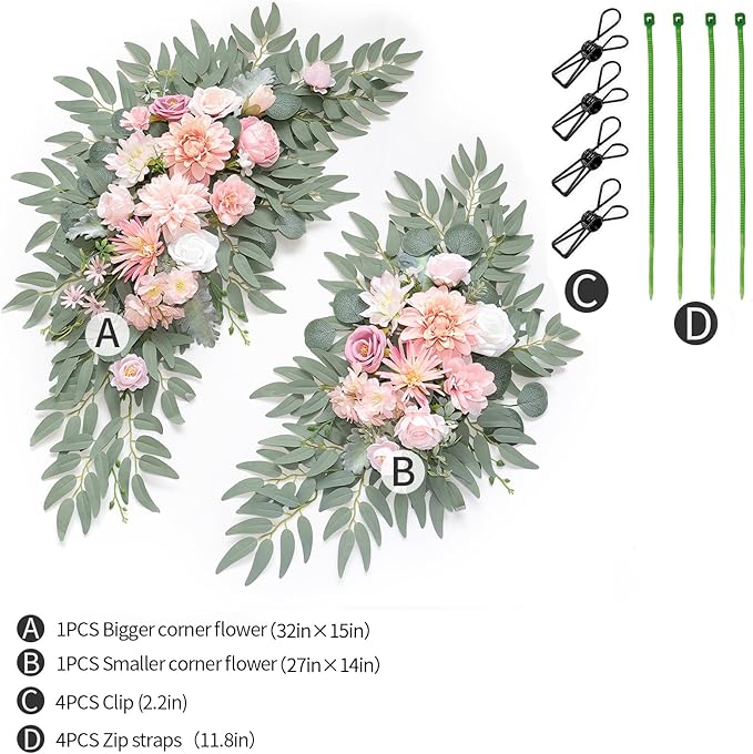 Artificial Flower Swags Kit, Pink Silk, 2 Pack for Wedding Arch