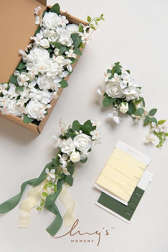 Artificial Flowers Wedding Aisle Pew Markers, 8 Pack White with Ribbon