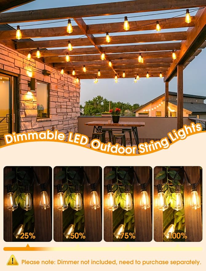LED String Lights for Patio, 2 x 25FT Black Shatterproof IP65 Strands
