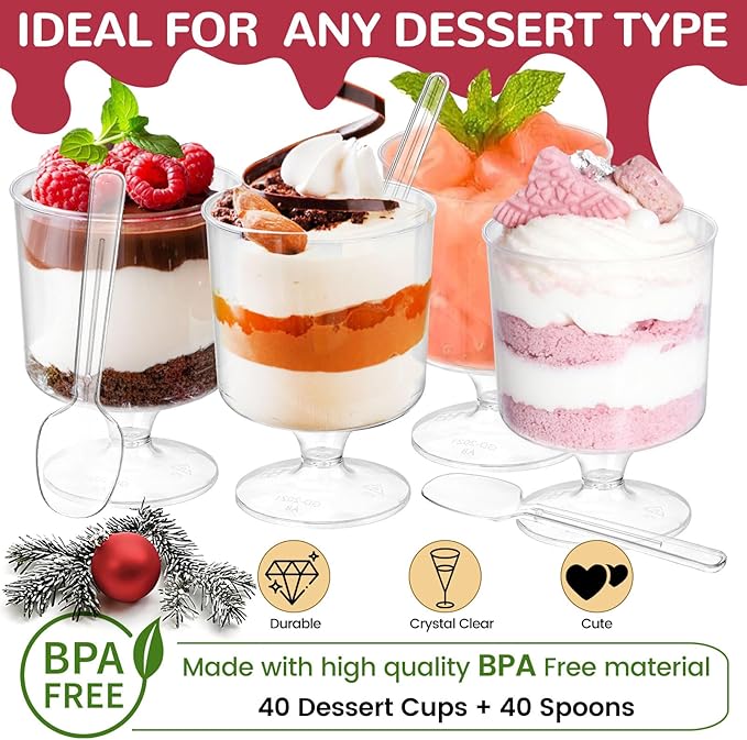 80 Pack Dessert Cups with Spoons, 5 OZ Mini Clear Plastic Parfait Cup for Party, Serves 40, Diposable Dessert Goblets for Fruit, Mousse Pudding, Appetizer Cup Bowl for Spring Summer Party