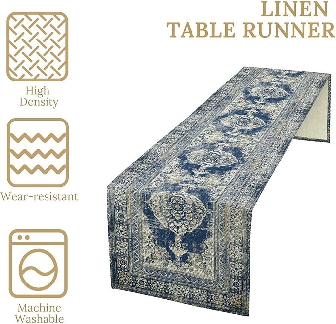 Vintage Boho Floral Table Runner, Rustic Country Farmhouse Blue Teal Retro Flower Pattern for Home Kitchen Table Decor Dining Coffee Room Party Decor 13x60in
