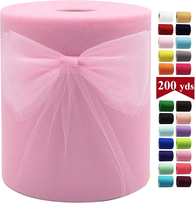 Pink Tulle Fabric Rolls 6 Inch by 200 Yards (600 feet) Fabric Spool Tulle Ribbon for DIY Pink Tutu Bow Baby Shower Birthday Party Wedding Decorations Craft Supplies