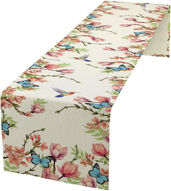 Floral Butterfly Table Runner Seasonal Spring Flower Bird Table Decoration Table Runner for Home Party Decoration 13x90 Inch