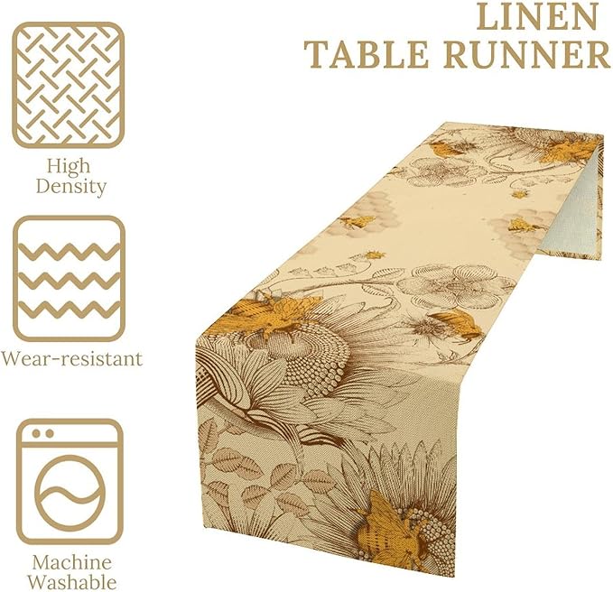 Vintage Bee Table Runner, Rustic Retro Wildflowers Print Home Farmhouse Table Cover for Party Indoor Outdoor Decoration Kitchen Dining Table Decor, 13x70inch