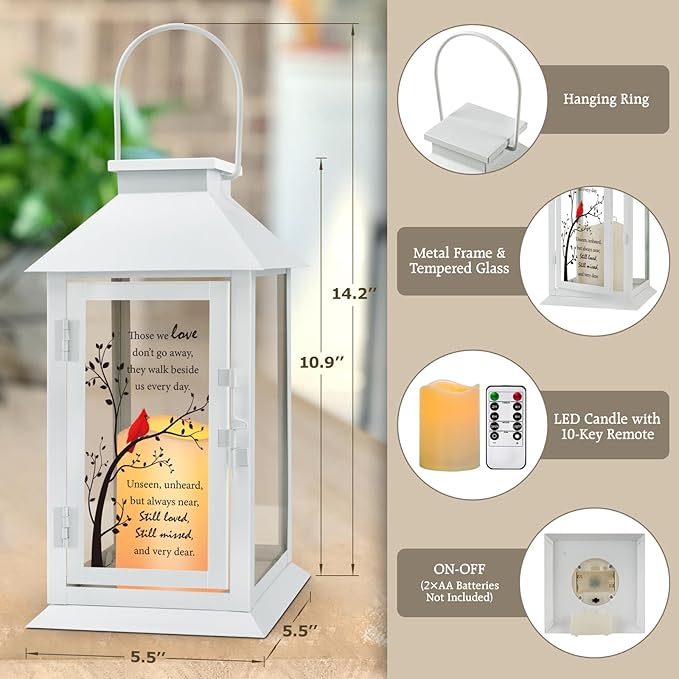 Decorative Memorial Candle Lantern, 14.2 Inch Flameless LED, Cardinal Design