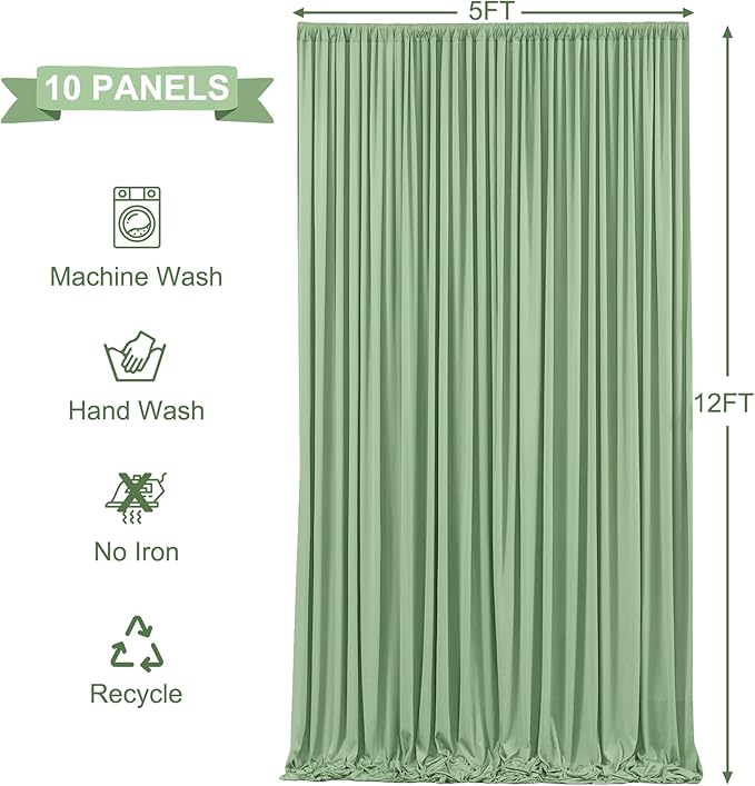 Backdrop Curtain Set, Sage Green, 10 Panels, Wrinkle-Free Fabric