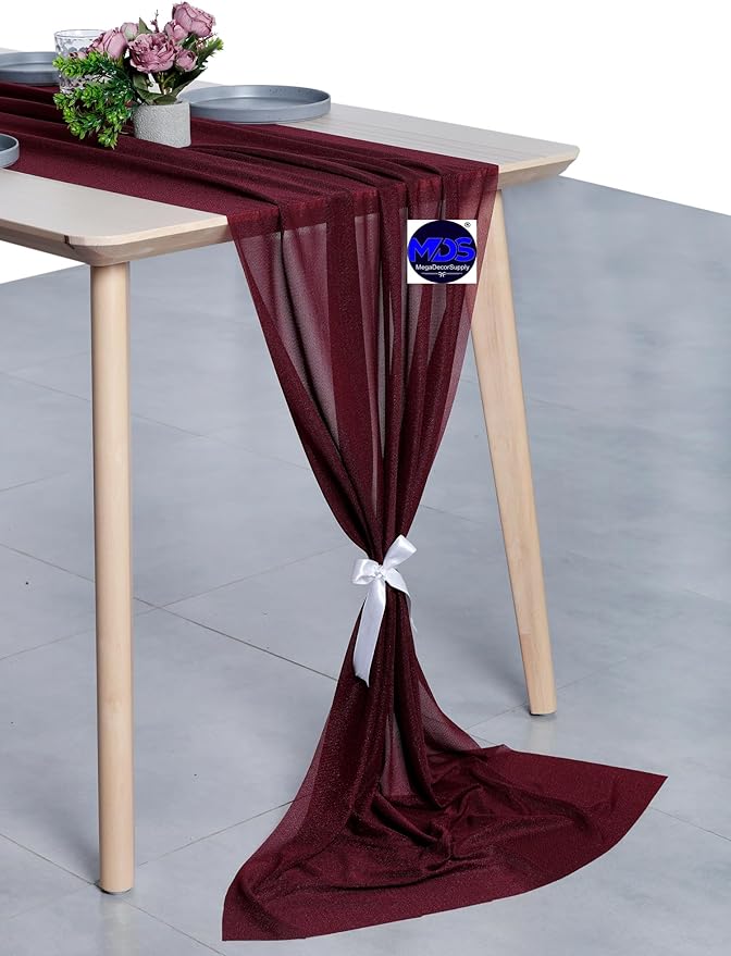 MDS 20 Pack 10ft Chiffon Table Runner 29 x 120 Inches Sheer Wedding Runner Romantic Rustic Table Runner for Wedding Decorations, Birthday Parties, Bridal Shower Party Arch Decor - Burgundy