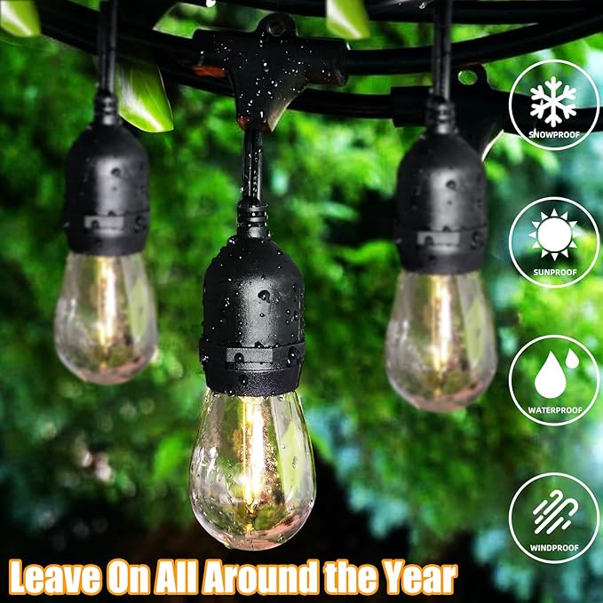 String Lights for Patio, 96 FT Black Wire LED Set with 30 Warm White Bulbs