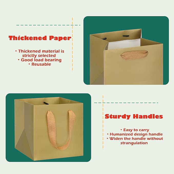 Gift Bags, 12 x 12 Inch Gold Square Bottom Bags with Handles, Pack of 10