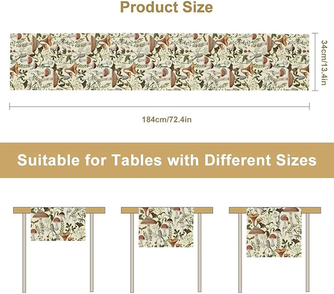 Mushroom Table Runner,Vintage Forest Flower Plant Print Table Runner for Kitchen Dining Table Home Party Decoration 13x72 Inch