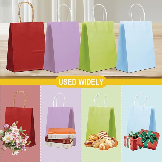 Gift Bags, Green Kraft Paper with Handles, Pack of 100