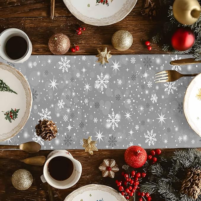 Christmas Snowflakes Cotton Linen Table Runner for Dining Kitchen, Xmas Tree Snow Winter Wedding Outdoor Party Tablerunners Decoration, Grey Balls Dresser Scarf Coffee Tablecloth Runners 13x48 Inches