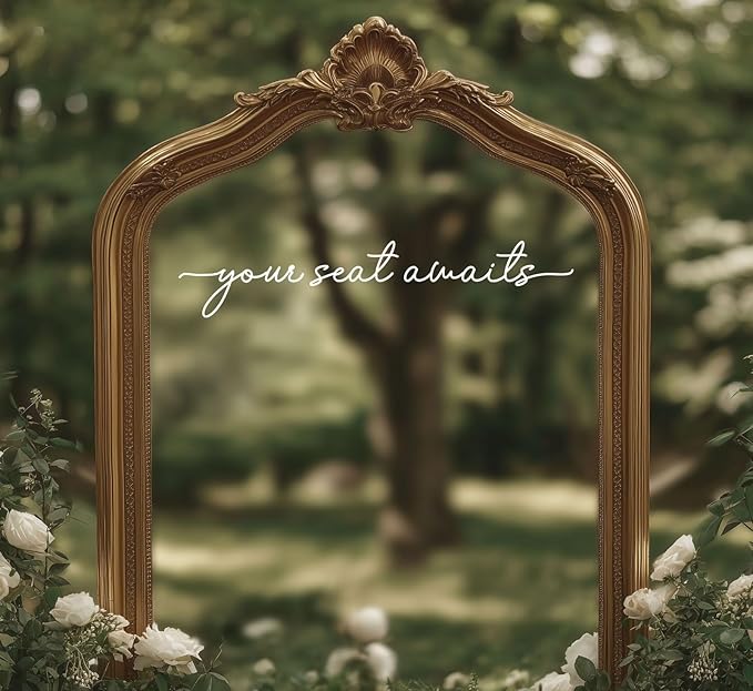 Your Seat Awaits Vinyl Decal, Wedding Seating Sticker, Mirror Decal for Seating, Please Find Your Seat Signs, Wedding Decor Sign (White, Width 17")